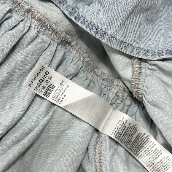 Topshop Blue Ruffle Peplum Hem Denim Shirt Snap Button Long Sleeve Women's 8 - Picture 8 of 8